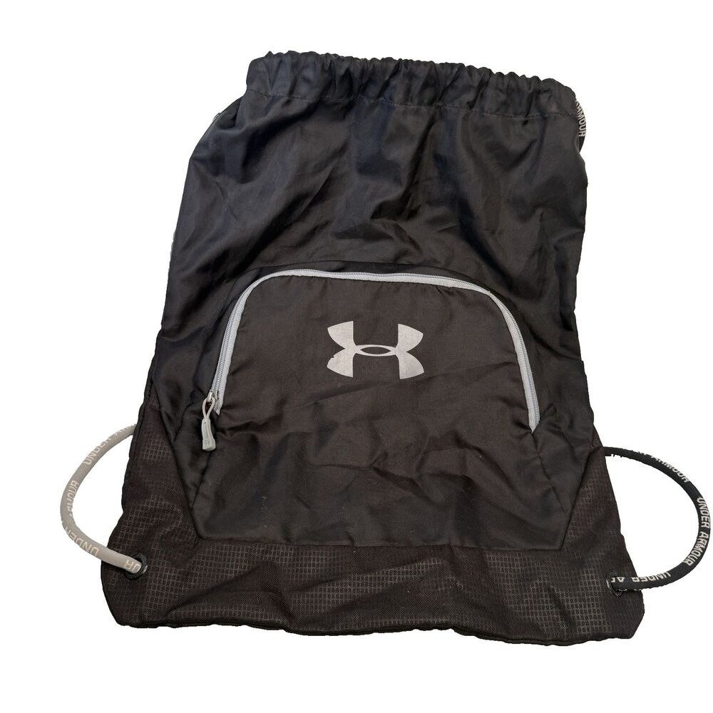 Under Armour Drawstring Gym Bag Backpack Black Gray 13x20" GUC